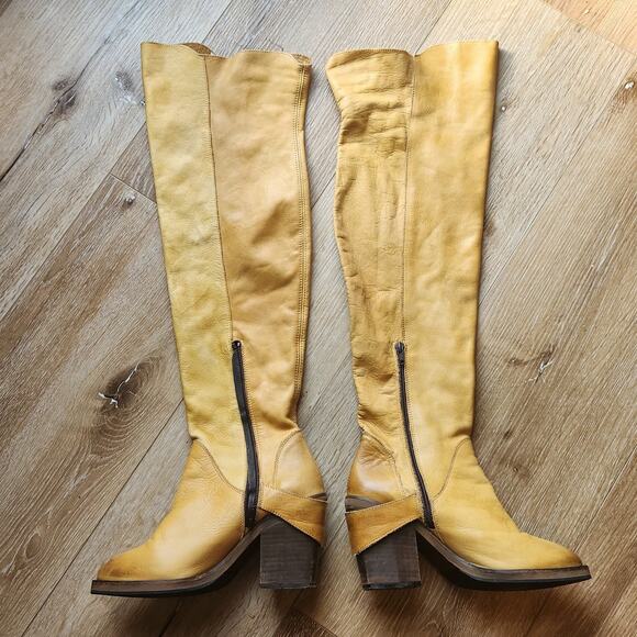 FREE PEOPLE AUBURN TALL OVER THE KNEE BOOTS MUSTARD YELLOW LEATHER SZ 39 US 8 - Picture 6 of 10